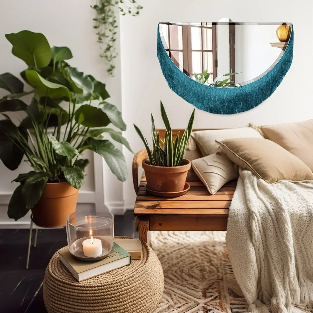 Unique NEW IN BOX Gorgeous Boho Mod Teal Fringe Half Moon Beveled Wall Mirror